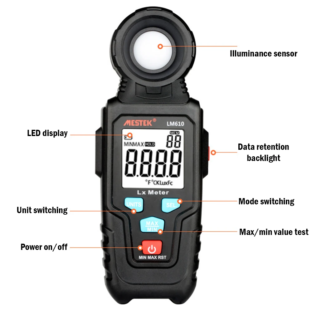 MESTEK, LM610, светильник, измеритель, 100000 люкс, Цифровой Люксметр, Luminance, люкс, Fc, тест, Макс, мин, осветители, фотометр