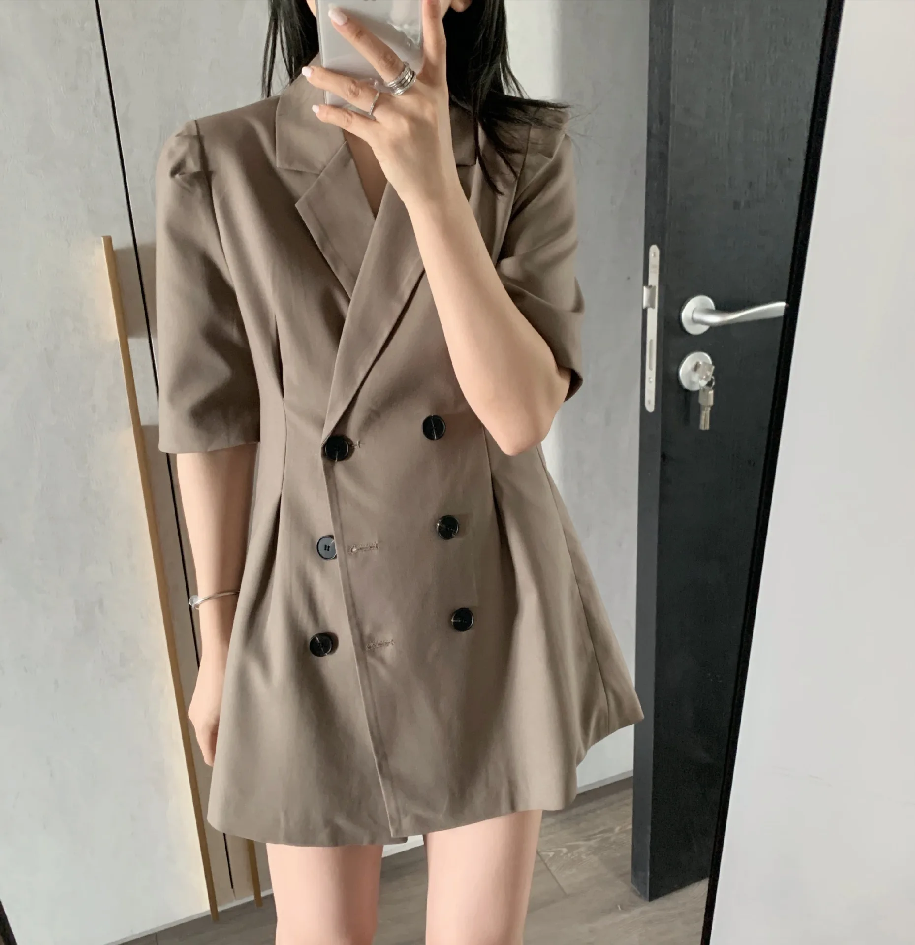 

2019 Suit Dress Commuter Double-breasted New Summer French Waist-slimming OL Style Black Turn-down Collar Fashion Women Dress