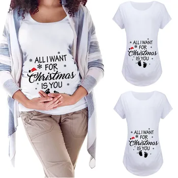 

Trendy Tops For Maternity Short Sleeve Christmas Letter Print Loose Round Neck Christmas T-shirt Xmas Pregnancy Tees Plus Size