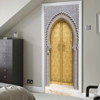 

Door Sticker Muslim Retro Door Household 3D wallpaper Stickers Bedroom Parlor Corridor Door Decoration PVC Wall Sticker