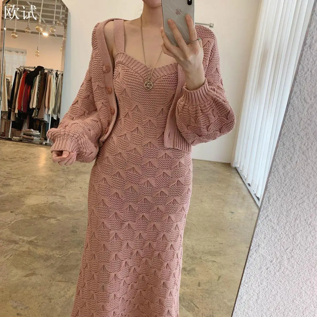 

Knitted Sweater Cardigan Long Dress Two Piece Set Women Ladies Dresses 2020 Autumn Winter Spaghetti Strap Off Shoulder Dress