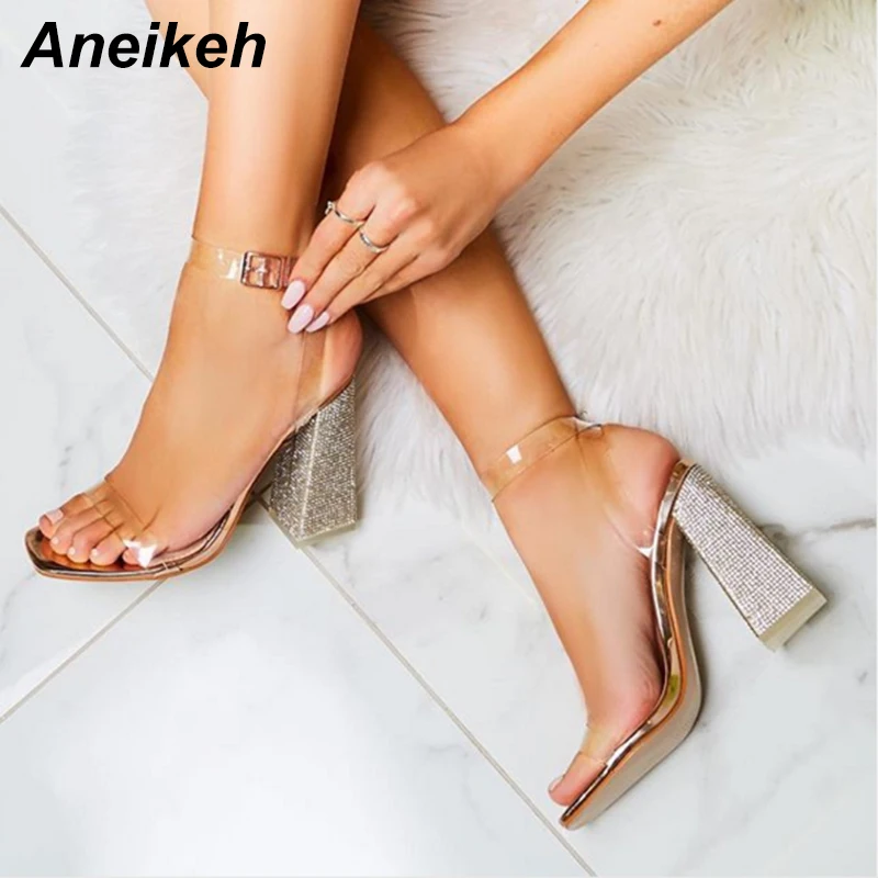 

Aneikeh Sexy 2020 PVC Sandals Crystal Open Toed High Heels Shoes Woman Square Heel Sandals Pumps 11CM Big Size 41 42 Silvery