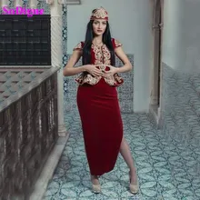

SoDigne Evening Dresses Algeria Karakou Burgundy Prom Formal Dresses Gold Lace Embroidery Slit Arabic Evening Gowns Peplum
