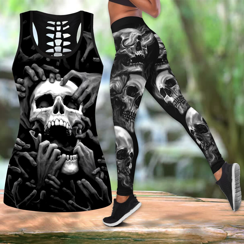 best leggings for women Fashion women Yoga pants 3D Printing Death Skull Tattoo Combination Leggings + Tank Sexy Stretch Women's Tight Leggings gym leggings