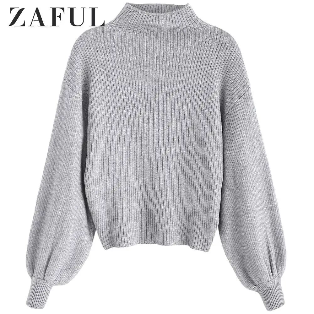 Женский свитер ZAFUL Однотонный с высоким воротом и рукавами-фонариками | Женская