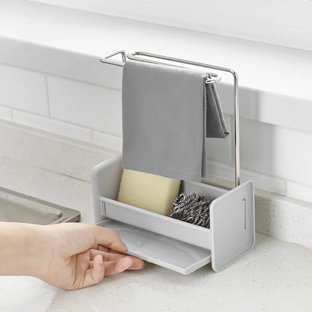 

Kitchen Sponge Storage Rack Sink Cleaning Brush Soap Organizer Rack Towel Bar Drain Tray Towel Hanging Drying Holder