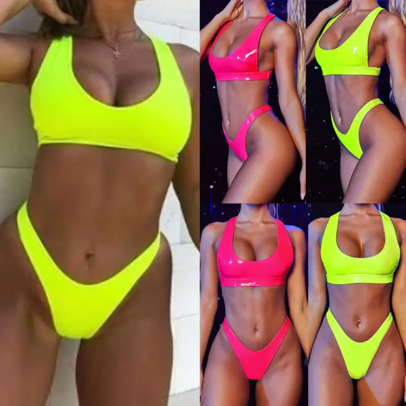 

Women Push-up Bra Bandage PU Solid Bikini Swimsuit Triangle Swimwear Bathing Beachwear Female Swimming Suit Bathing Suit