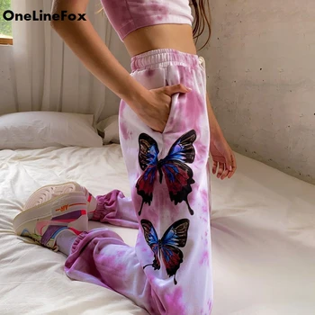 

OneLineFox Butterfly Tie Dye Print Sweatpants Women Loose High Waist Track Pants Capris Fashion Stretch Lady Summer Long Trouser