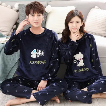 

Winter Couple Pajamas Velvet Thicken Hooded Pajamas Set Unisex Adult Sleepwear Cute Cartoon Flannel Warm Femme Home Clothes