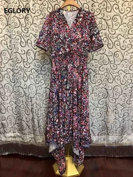 

Latest Designer Dress 2020 Spring Summer Women V-Neck Little Flower Print Short Sleeve Casual Party Sexy Asymmetrical Dress