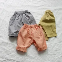 Детские летние хлопковые и льняные брюки-клеш в Корейском стиле для мальчиков и девочек Детские мешковатые брюки ярких цветов