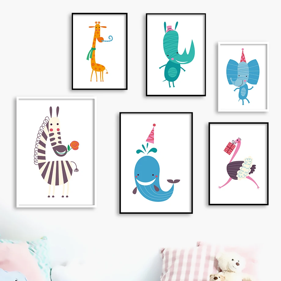 

Cartoon Giraffe Lion Ostrich Zebra Nordic Posters And Prints Wall Art Canvas Painting Animals Wall Pictures For Kids Room Decor
