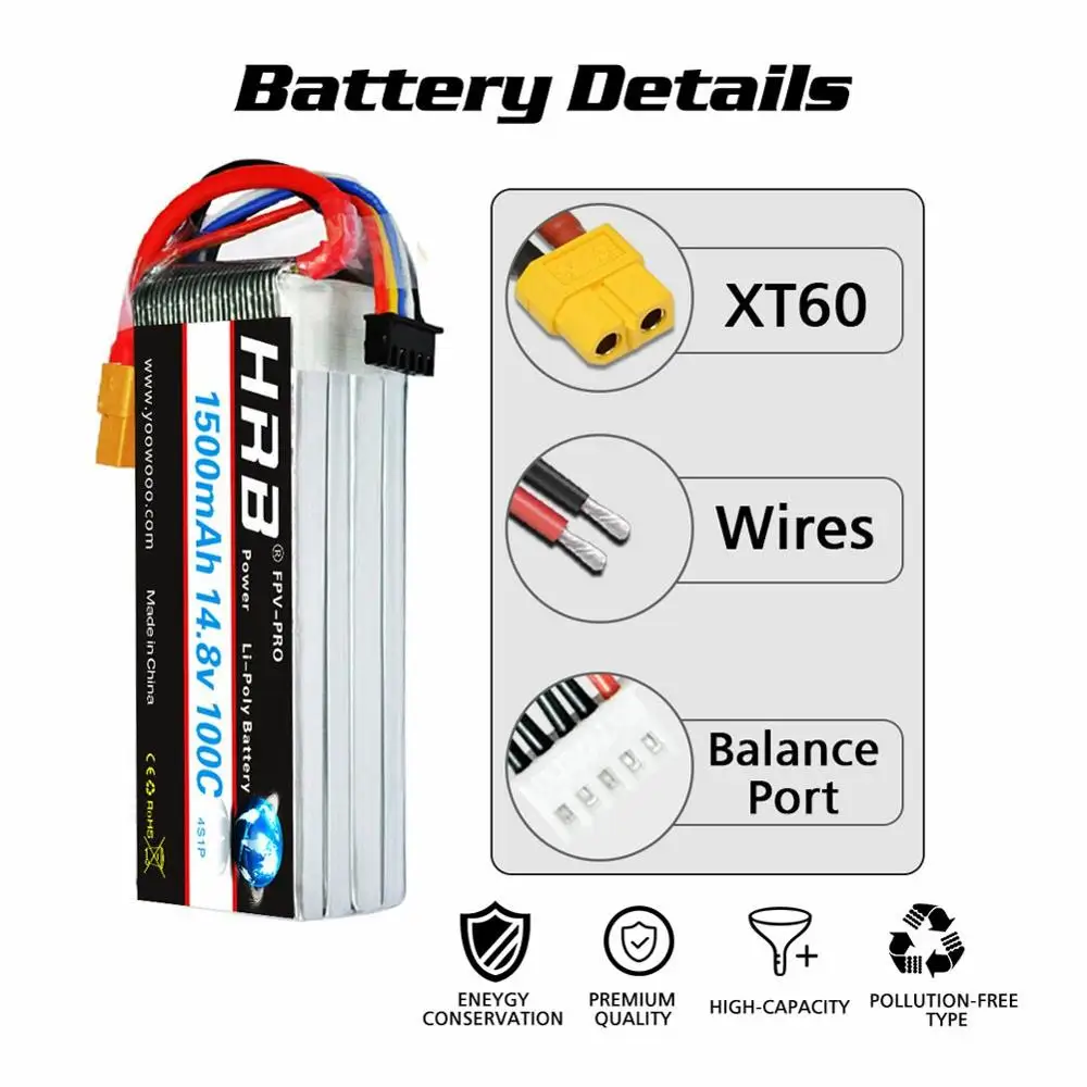 Vue de côté de la batterie drone 2S 1500mAh 65C XT60 avec câbles et connecteur XT60 visibles.