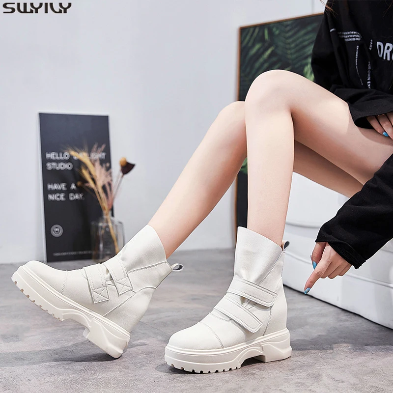 

SWYIVY Martin Boots Women Leather Casual Shoes Ladies 2019 New Autumn Women Ankle Boots Sewing White Shoes PU Platform Booties
