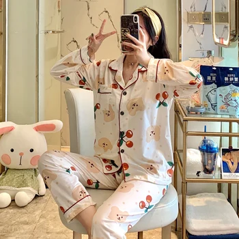 

Women 2 Pieces Pajamas Set Cotton Cute Plus Printing Soft Breastfeeding Long Sleeve Spring Autumn Animal Sleepwear