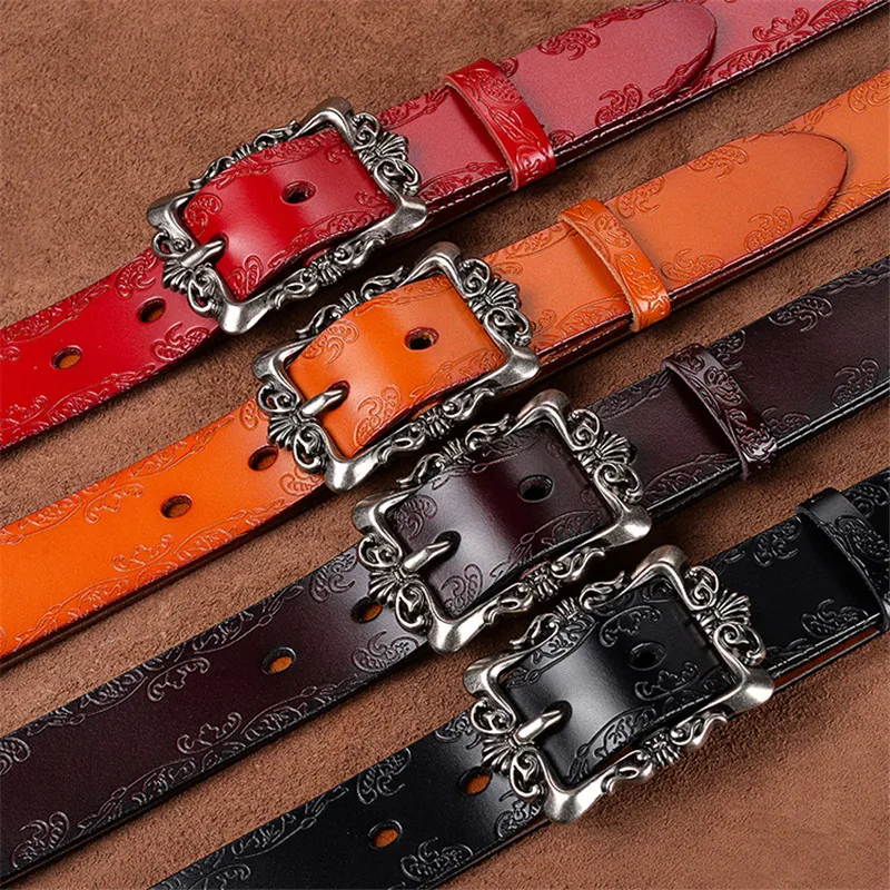

Vivid Carved Belt With Metal Pin Buckle Fashion Women's Genuine Leather Belt High Qality 3.2CM Width Belt for Jeans Dropshipping