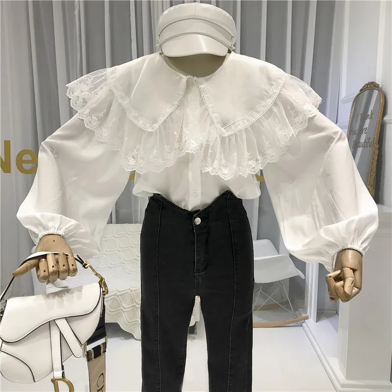 Стиль Лолита Питер Пэн воротник женские рубашки с длинными рукавами Blusas Femininas фонарь рукав Твердые Женские топы и блузки