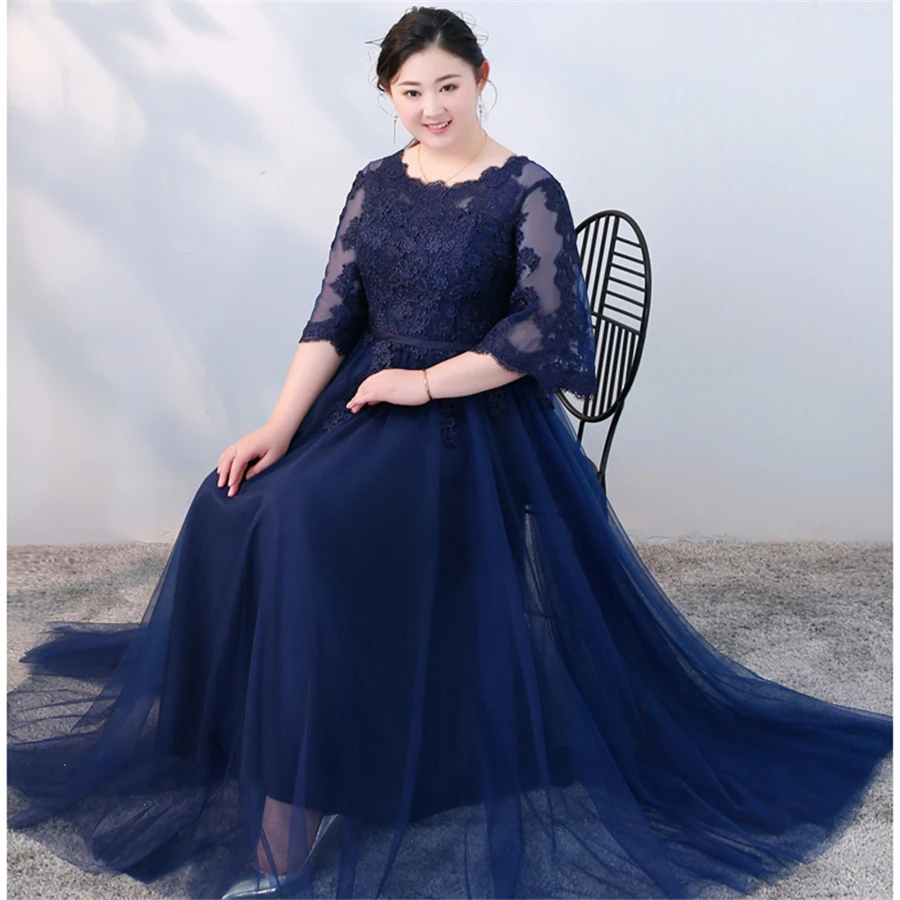 Длинные вечерние платья с кружевами длиной до пола Robe De Soiree размера плюс женские вечерние платья с круглым вырезом и цветами элегантное вечернее платье T110