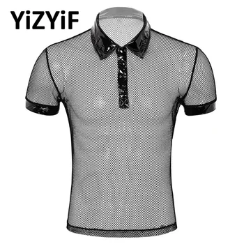 

Top swimsuit Mens Fishnet T-Shirt Sexy See Through Sheer Fishnet Turn-down Collar Short Sleeves Hollow Out T-Shirt Muscle Tops