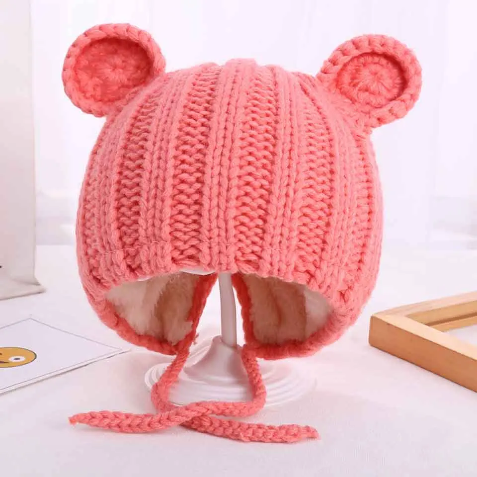 

Supper Warm Plush Knitted Hat Autumn Winter Hat with Ears Cartoon Lace-up Children Kids Baby Boy Girls Bonnet Cap For Infant