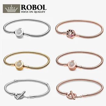 

High Quality Original 925 Sterling Silver Moments Sparkling Crown O Snake Chain Bracelet Woman Jewelry Gift Free Shipping