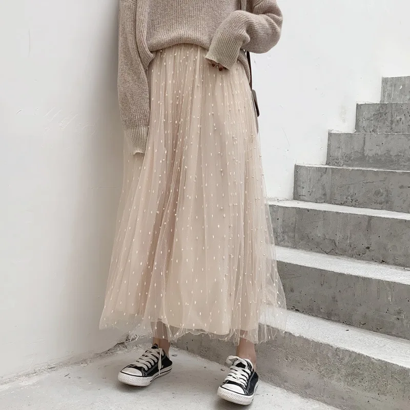Осенне-зимние женские юбки, новинка, Корейская фатиновая юбка, украшенная бисером, модная юбка в сеточку с высокой талией, плиссированная юбка, Saias