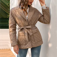 Casual Women Winter Argyle Pattern Parkas with Belt Female 2022 Turn Down Collar Down Jackets Warm Outerwear Qulited Coats Khaki