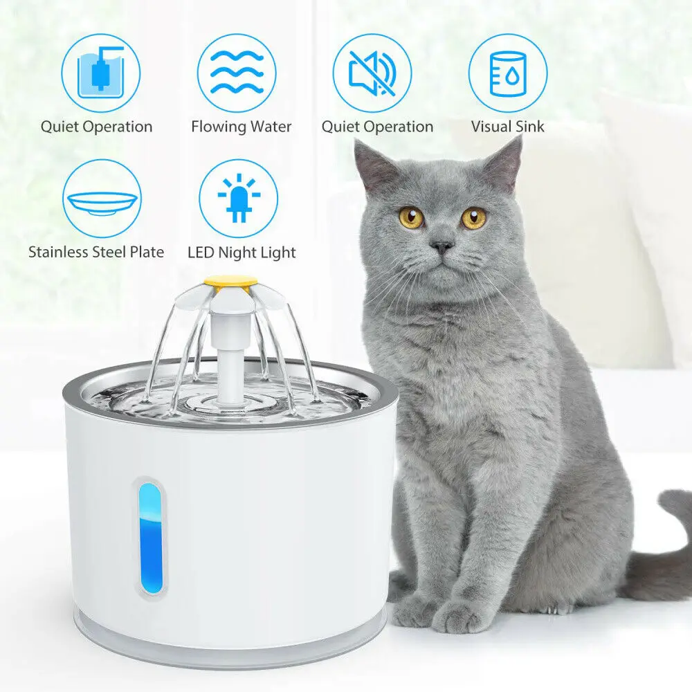 New 2.4L Automatic Cat Water Fountain LED Electric Mute Water Feeder USB Dog Pet Drinker 5gyOybQq