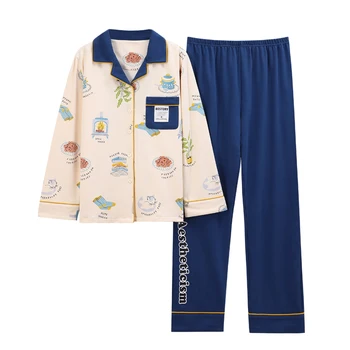 

Spring 100% Cotton New Soft Front Pocket Turn Down Collar Homesuit Homeclothes Sleepwear Fashion Style Casual Style Pajama Set