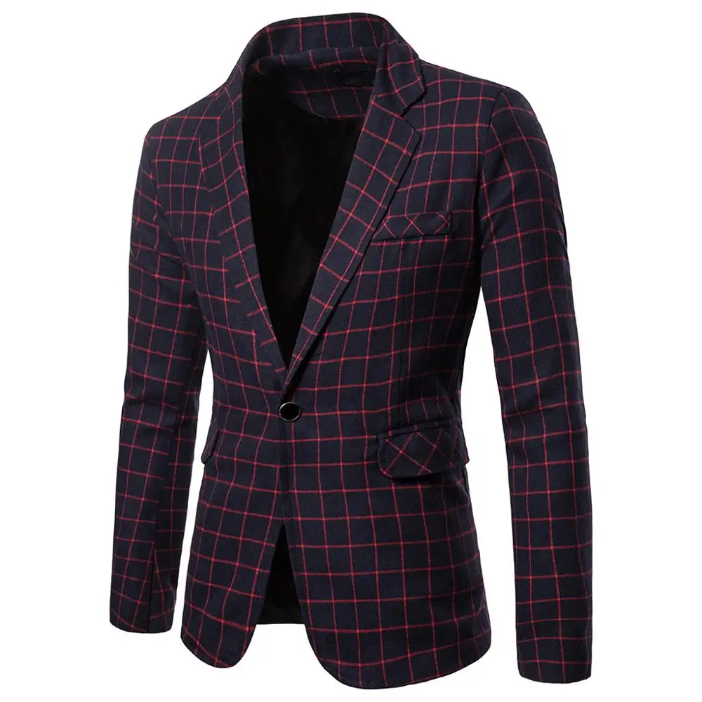 2019 Hot Sales Charm Men's Casual Fit Slim Suit One Button Business Coat Jacket Turn-down Collar Plaid Blouse 3 Color