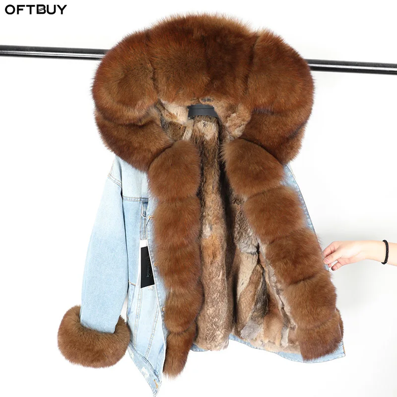 

OFTBUY 2019 Winter Jacket Women Real Fur Coat Parka Big Fur Real Fox Collar Rabbit Liner Denim Jacket Streetwear Detachable New