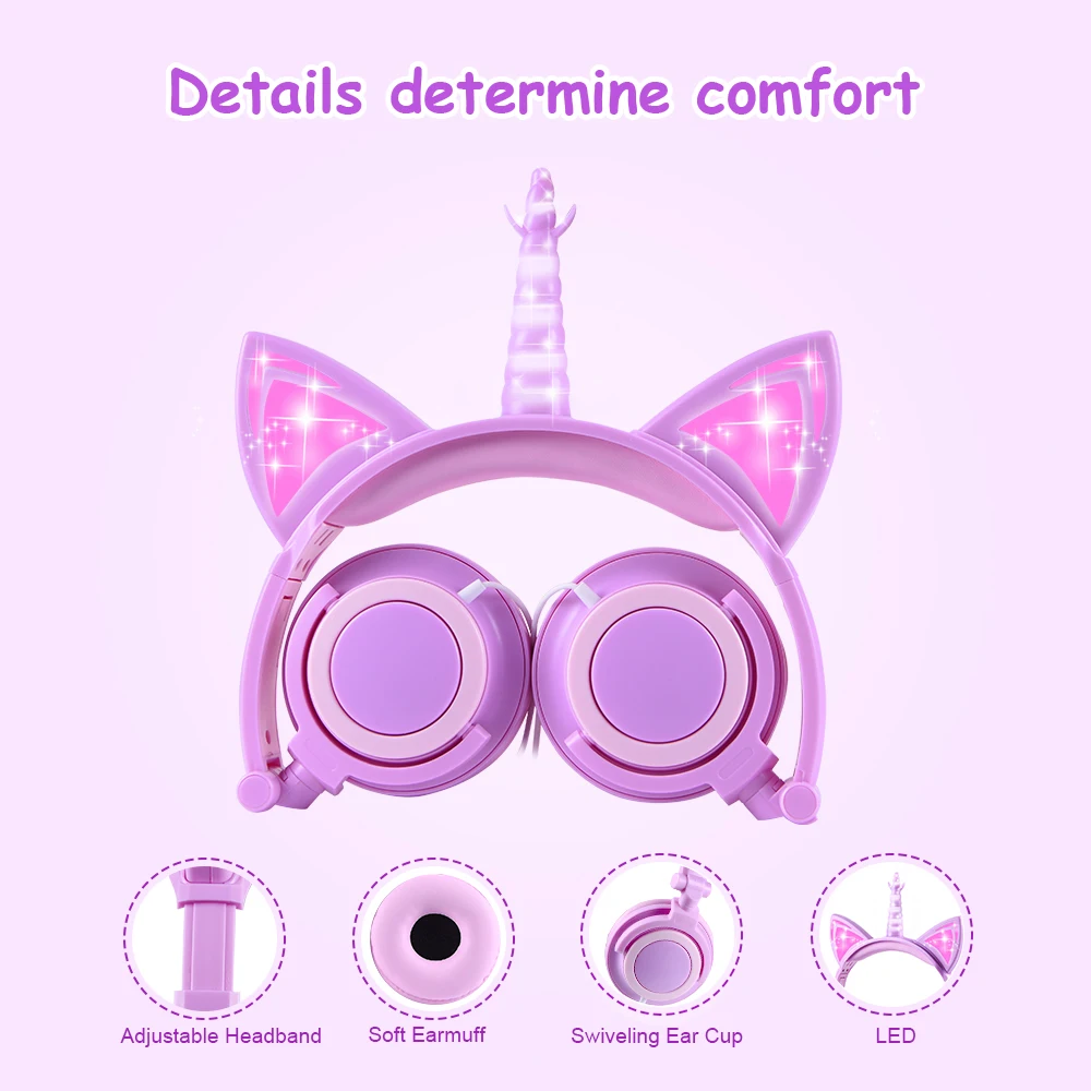 Original Unicorn Headphones LED Flashing Children Headphone Foldable Music Wired Headphones Cat Ear Gaming Headset Kids Gifts