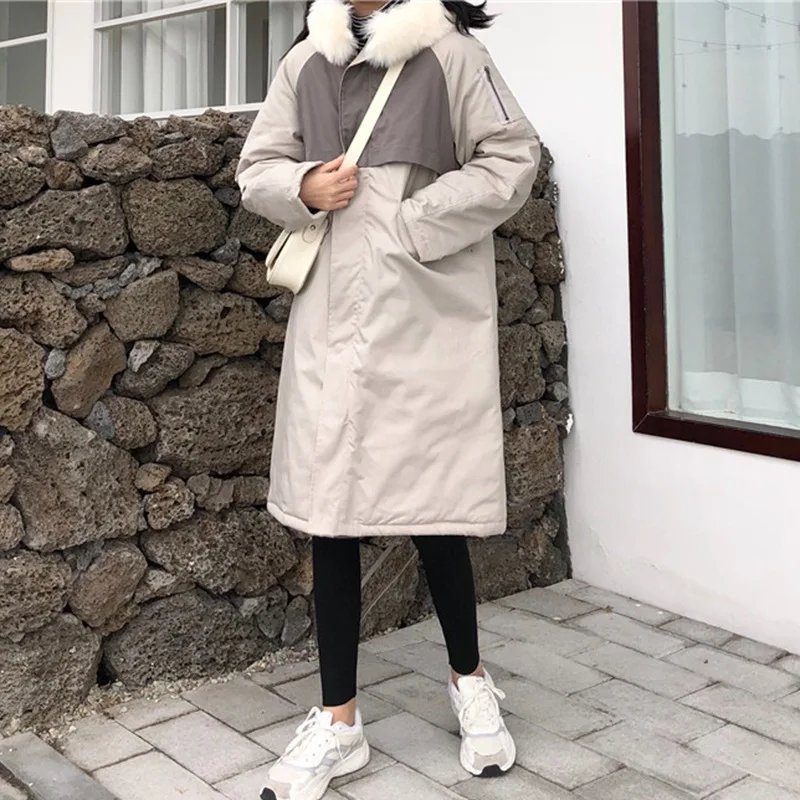 

2019 New Style Winter Korean-style Large Fur Collar Loose-Fit Thick Cotton Coat Mid-length Casual Workwear Cotton Overcoat WOMEN