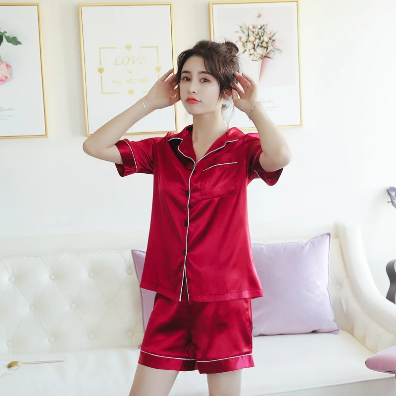 

new simulation silks pajamas set Ladies short-sleeved shorts two-piece home service sexy solid color satin nightshirt