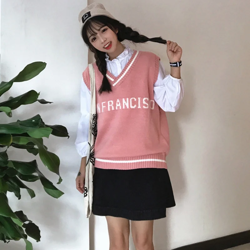 Женские корейские свитера без рукавов, милые вязаные пуловеры с v-образным вырезом для девочек, тонкие весенне-осенние свободные Джемперы в стиле панк - Цвет: Розовый