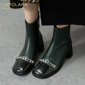 

Lapolaka Fashion New Chian Fashion Boots Women Shoes Genunie Cow Leather Zip Up Chunky Heels Comfy Office Ankle Boots