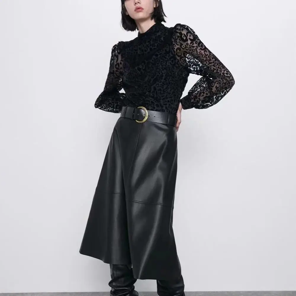 ZA блузка рубашка женская черная с леопардовым принтом топы прозрачные шифоновые рукава Повседневная Женская блузка женская одежда