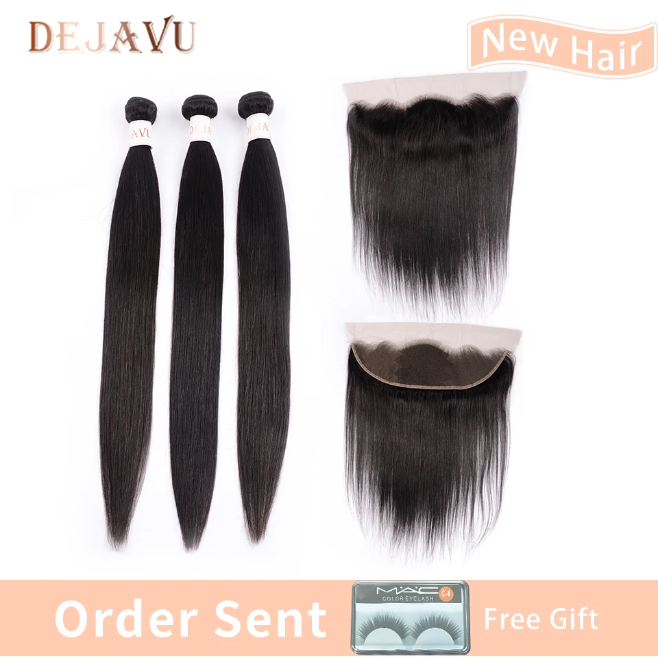 

Dejavu new Hair Free Return 13*4 Frontal With 3 Bundles Indian Straight 100% Human Hair Bundles With Frontal Non Remy