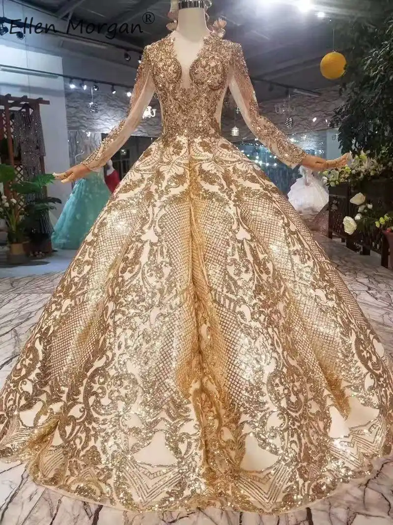 Vintage Gold Wedding Dresses Ball Gowns Luxury 2020 Long Sleeves