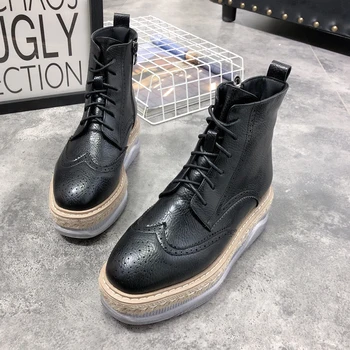 

British style retro square head carved brooch short boots women autumn slope with thick-soled boots platform Martin boots