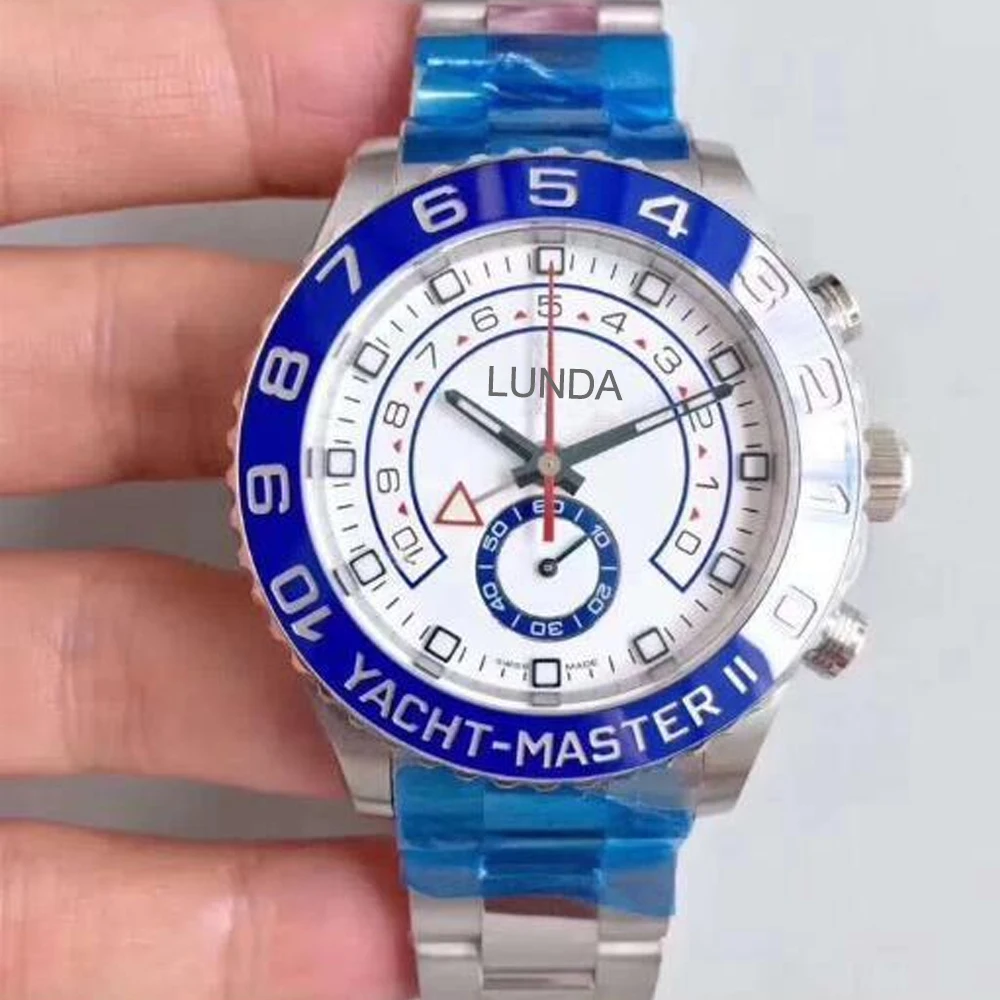 

Luxury Watche Mens AAA 44mm Automatic Blue Ceramic Bezel Mens Stainless Steel Watches YACHT Wristwatch Multifunction Chrono