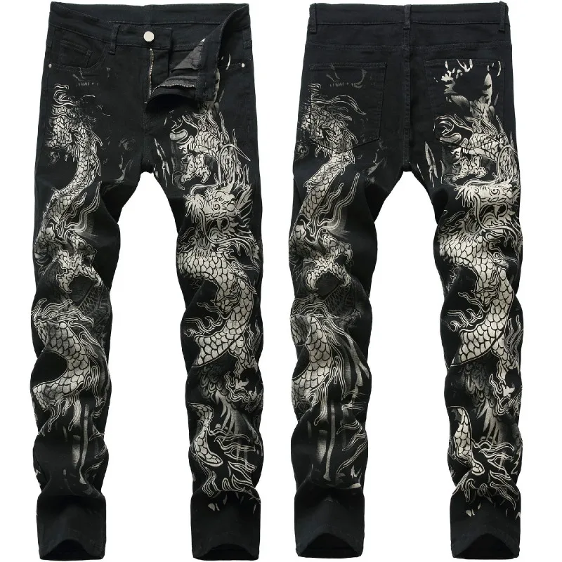 New men's Chinese trendy dragon black skinny jeans stretch comfortable fashion hip-hop men's pants Streetwear print trousers