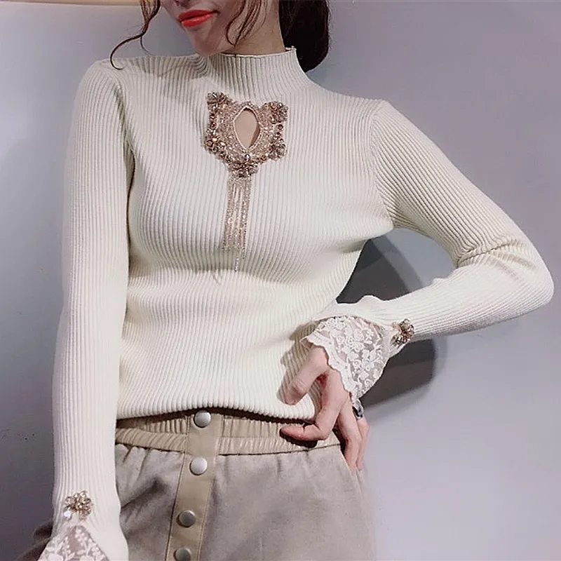 Бежевый Autumn Winter Luxury Sequins Stand Neck Women Sweaters Sweater Hollow Out Lace tricotado Pullovers Ladies Party Sweaters NS864 - Цвет: Бежевый