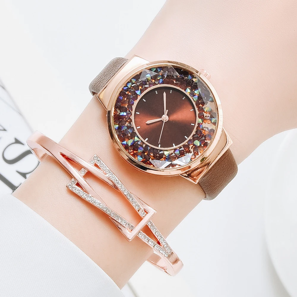 Simple Watch Women Luxury Ladies Quartz Leather Strap Movable Rhinestones Watch Female Wristwatches Brown Clock Relogio Feminino afbeelding