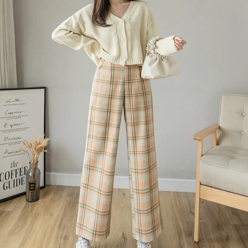 elegant-knitting-matching-sets-for-women-solid-v-neck-knitted-cardigan-plaid-wide-leg-pants-two-piece-sweaters-set