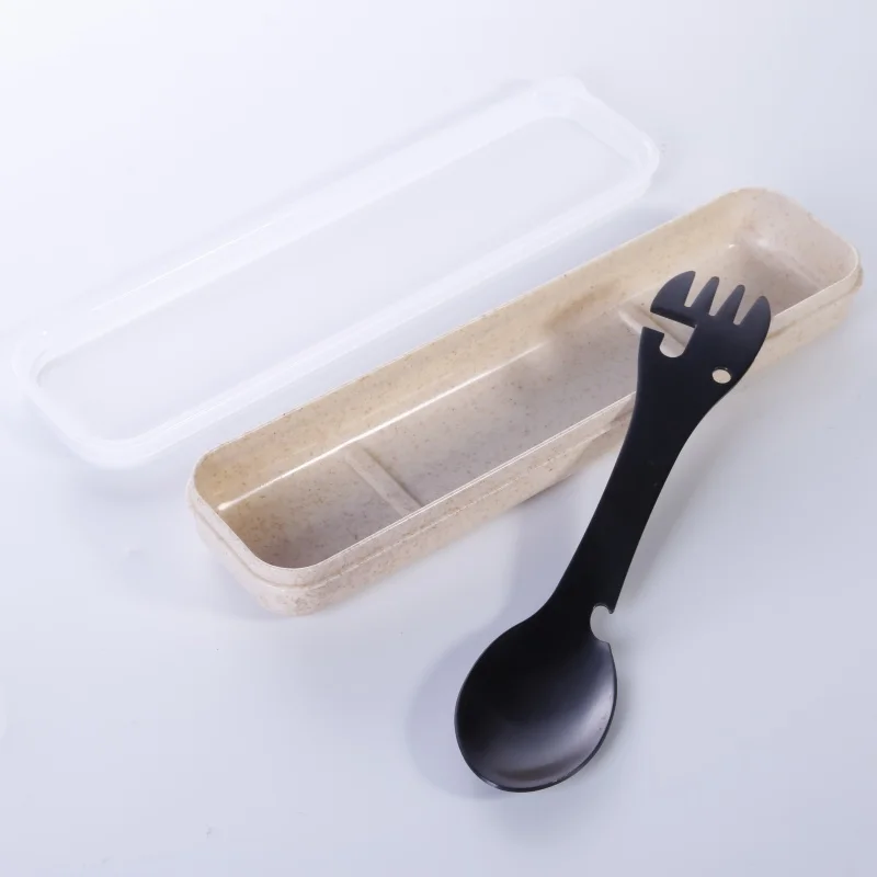 4 piece Portable Plastic Wheat Straw Fork Spoon Box Tableware Camping Picnic Set
