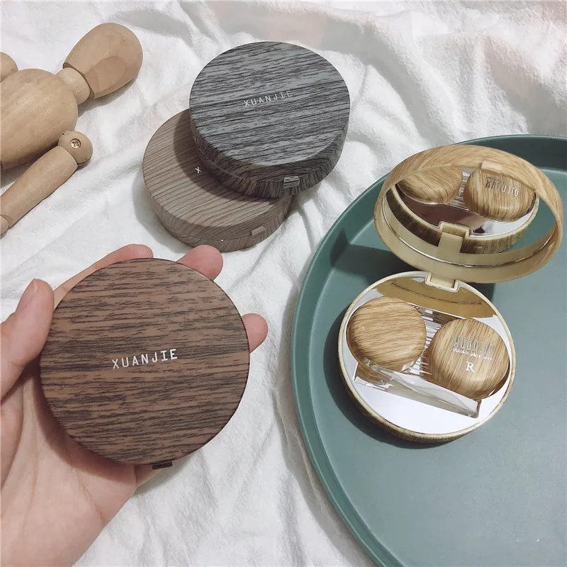 

Imitation wood grain Round contact lens case with mirror storage box Lens container gift Cute Cartoon Eye contacts case