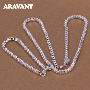 

925 Silver 4mm Square Box Chain Necklace Bracelet Sets For Women Men Fashion Jewelry Set Wholesale