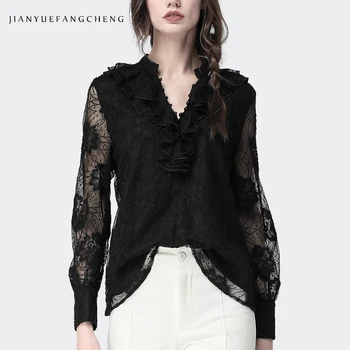 

European Lace Shirt Autumn Loose Plus Size Women Long Sleeve Ruffle Blouse and Tops Camisa Feminina Summer Casual Clothes OO50CS