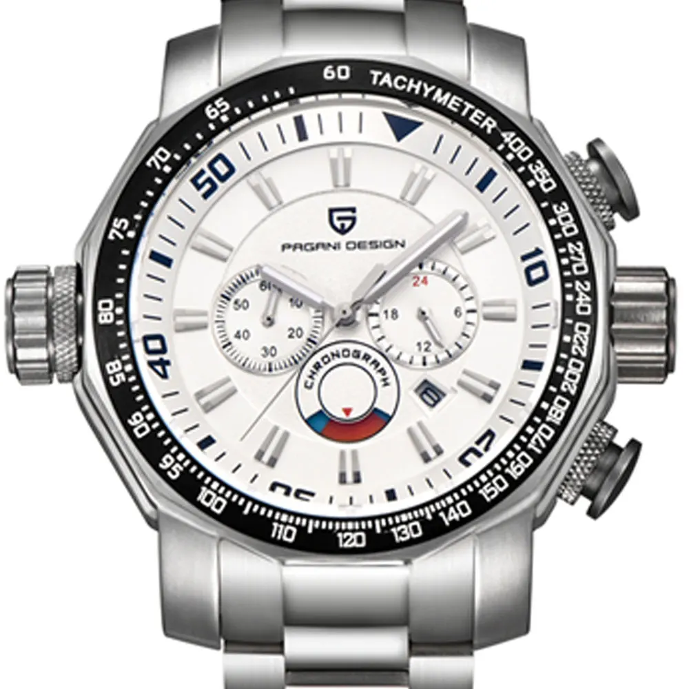 

60mm Pagani design white dial multifunction quartz watch Stainless steel strap men's chronograph motion watch